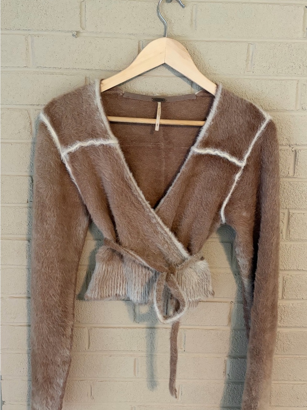 Free People Fuzzy Brown Wrap Cardigan Cropped with Contrast Trim